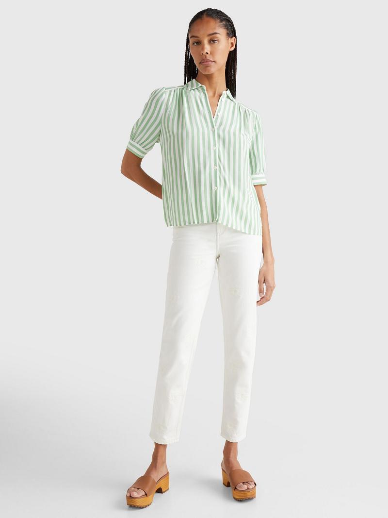 Női Tommy Hilfiger Stripe Half-Sleeve Blouses Menta | HU 20LIS